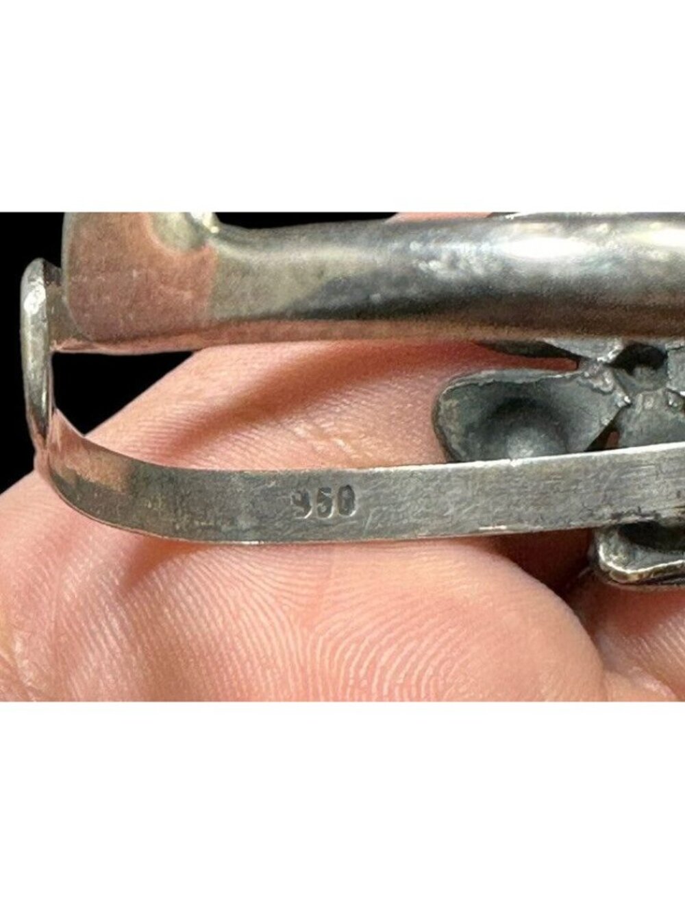 950 Silver Cuff Bracelet Three Flower Open Work Floral Design Sterling Retro - Picture 6 of 7